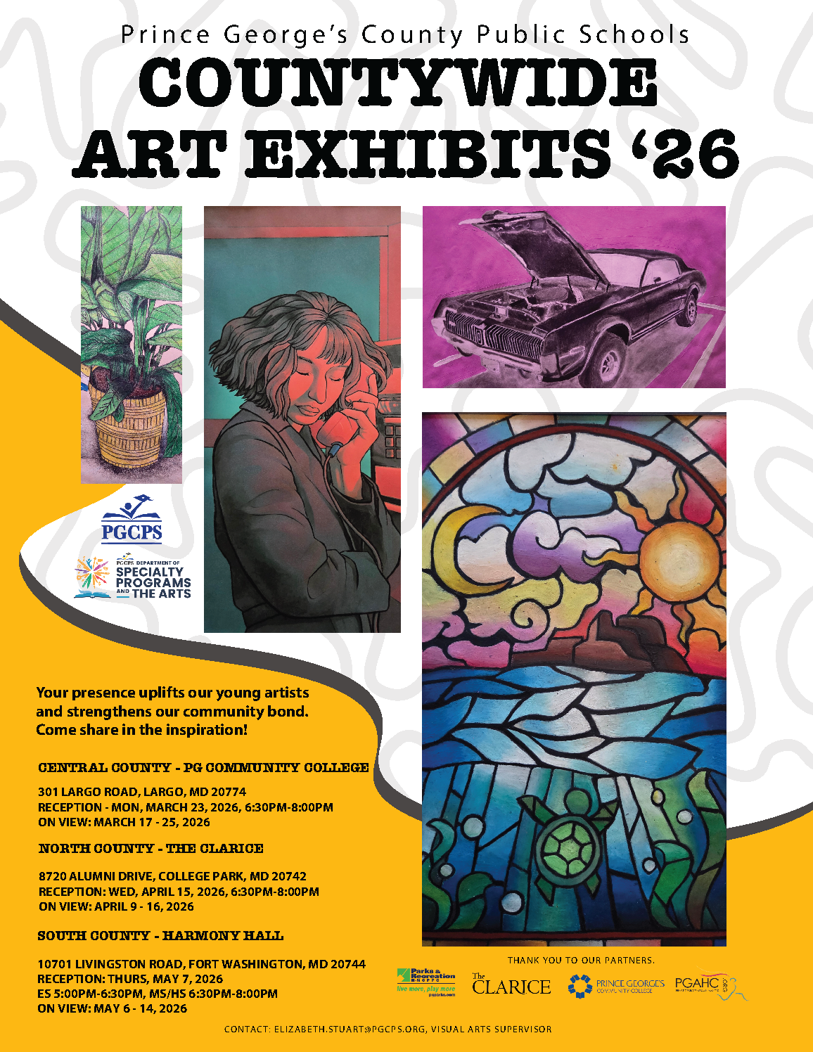Promotional poster for Prince George’s County Public Schools Countywide Art Exhibits ’26, featuring student artwork and dates for three 2026 exhibits in Largo, College Park, and Fort Washington.