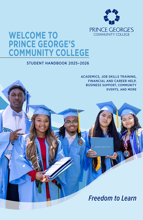 Five graduates in blue gowns smiling with diplomas, promoting Prince George’s Community College.