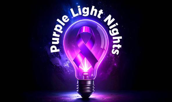 A glowing purple light bulb with an awareness ribbon inside, surrounded by the text