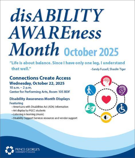 Poster for Disability Awareness Month at Prince George's Community College, October 2025, detailing events and activities.
