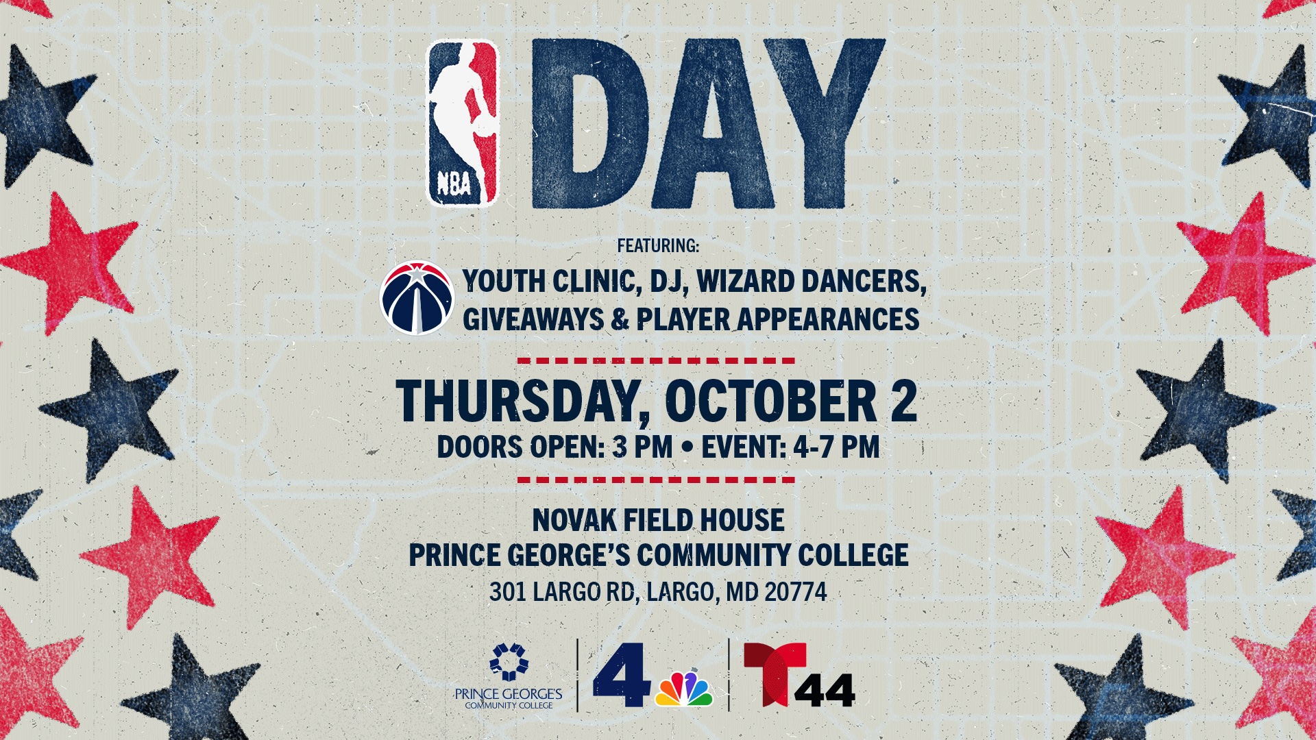 NBA Day event advertisement featuring stars, NBA logo, and event details for October 2 at Prince George's Community College.