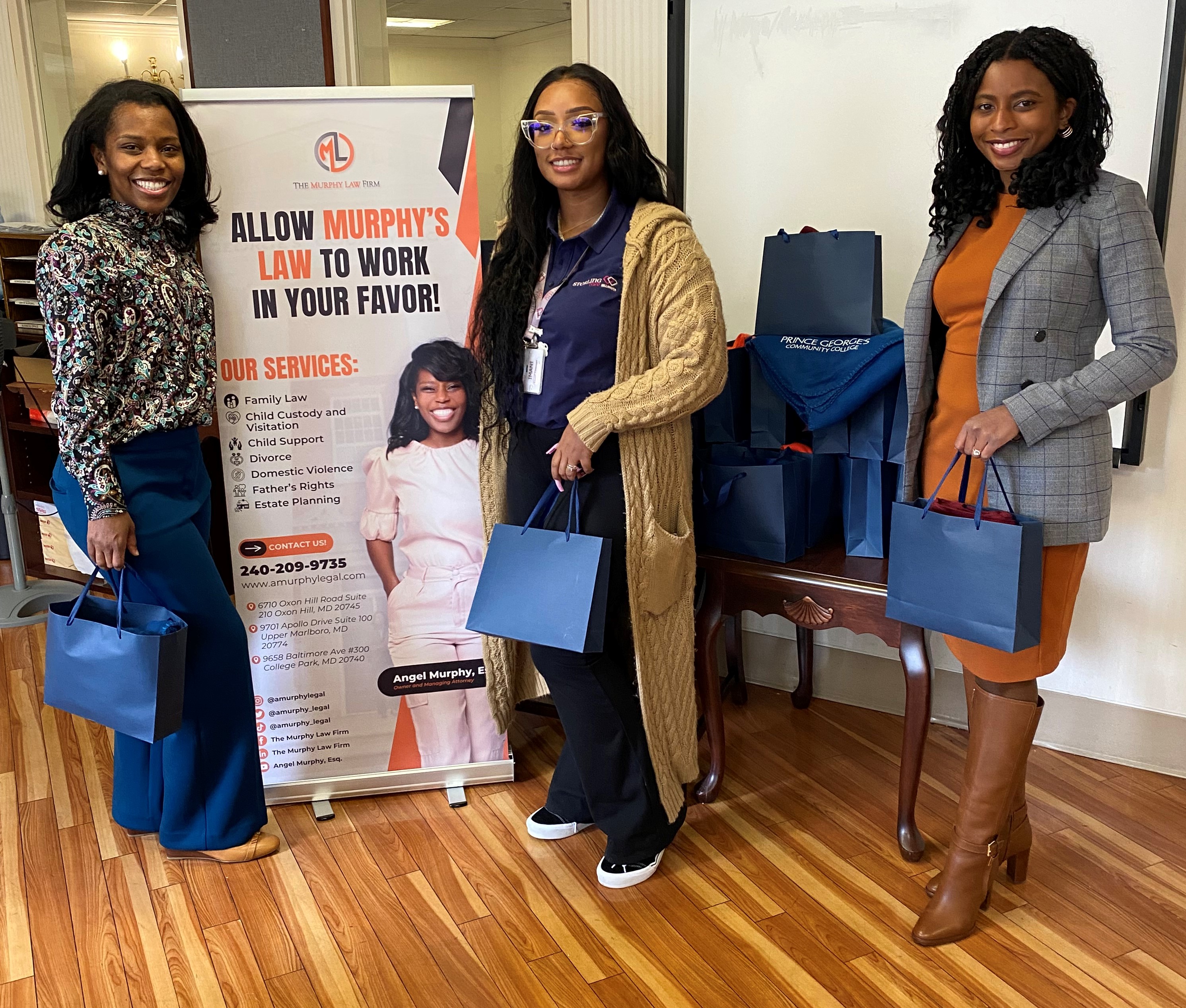 Group photo of Attorney Angel Murphy Garner, Founding Partner of the Murphy Law Firm, Imani Coleman, Admissions Director, Sterling Care Hillhaven Assisted Living Center, and Dr. Gavette R. Duncan, Director of Government Relations and Community Outreach, Prince George’s Community College