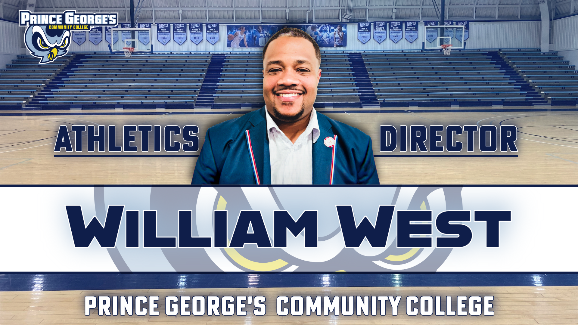 William West smiles with basketball court background, labeled as 