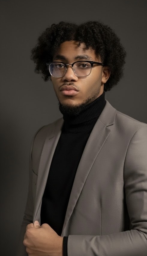 John Otike is shown in a gray suit jacket and black turtleneck with glasses against a dark gray background.