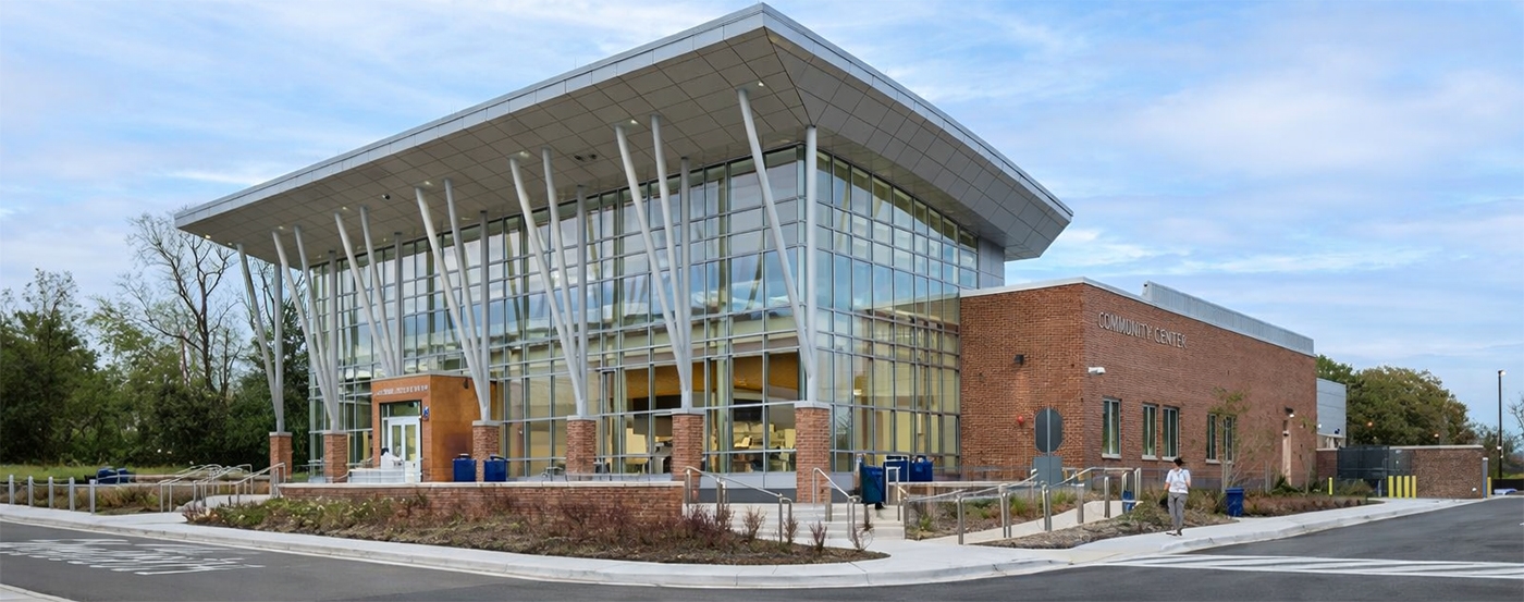 The PGCC Culinary Arts Center has a glass facade and a brick structure.