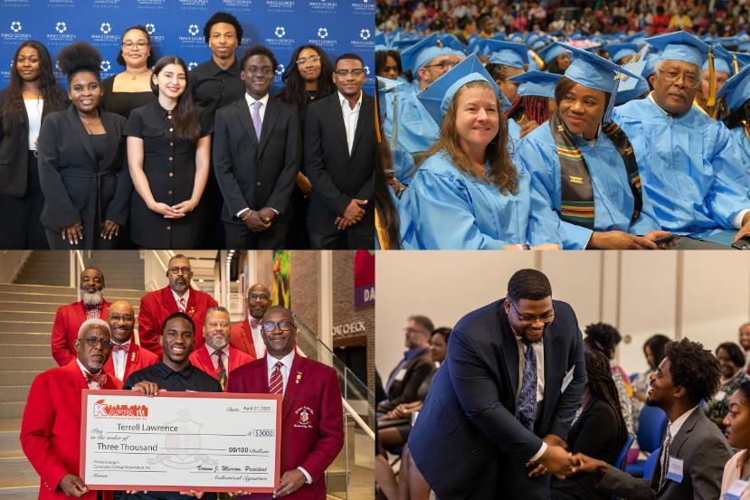 A collage of four scenes: a group of formally dressed young adults, a graduation ceremony with graduates in blue caps and gowns, a group of men in red blazers holding a large check, and a man in a suit shaking hands with someone seated.