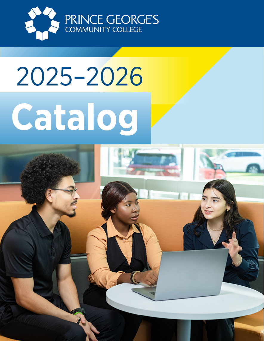 The Prince George’s Community College 2025-2026 Catalog cover featuring three people around a laptop.