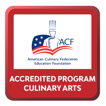 American Culinary Federation Education Foundation accreditation badge with an outline of a chef above a stylized American flag and the text “Accredited Program Culinary Arts.”