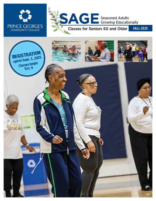 A cover for the Prince George's Community College SAGE program, featuring older adults in a fitness class.