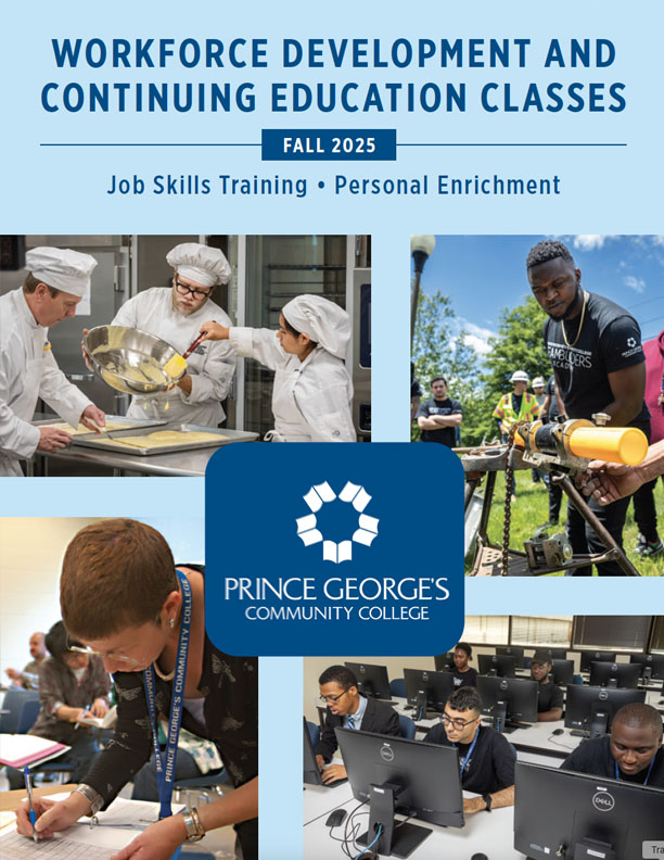 Promotional flyer for Prince George's Community College's Fall 2025 workforce classes featuring various educational scenes.