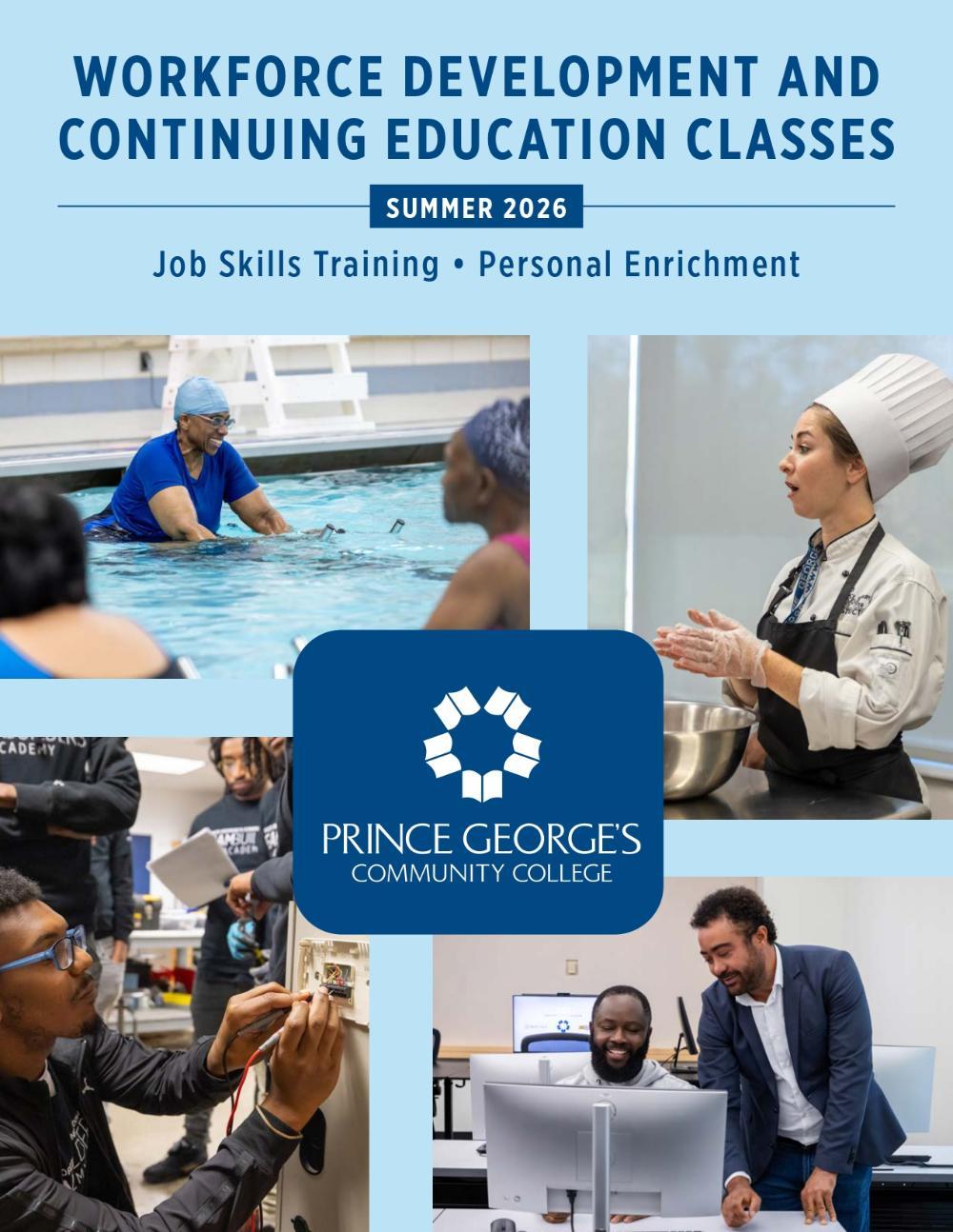 This cover's central section features a collage of four photographs: a man in a swimming pool wearing a blue swim cap, a woman in a chef’s uniform and hat gesturing while speaking, a man with glasses working on electronics with wires, and two men collaborating in an office setting, looking at a computer screen.