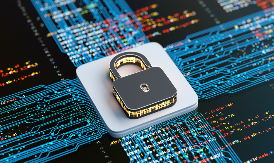 Padlock on digital circuit board symbolizing cybersecurity.