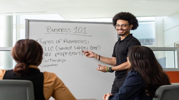 A student stands at a whiteboard labeled “Business 101,” explaining types of businesses—including LLC, sole proprietorships, partnerships, and corporations—to classmates seated nearby.