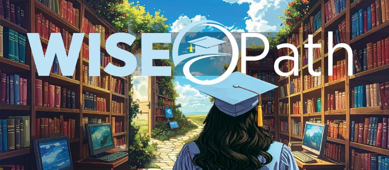 A person in a graduation cap stands in a library with open laptops.