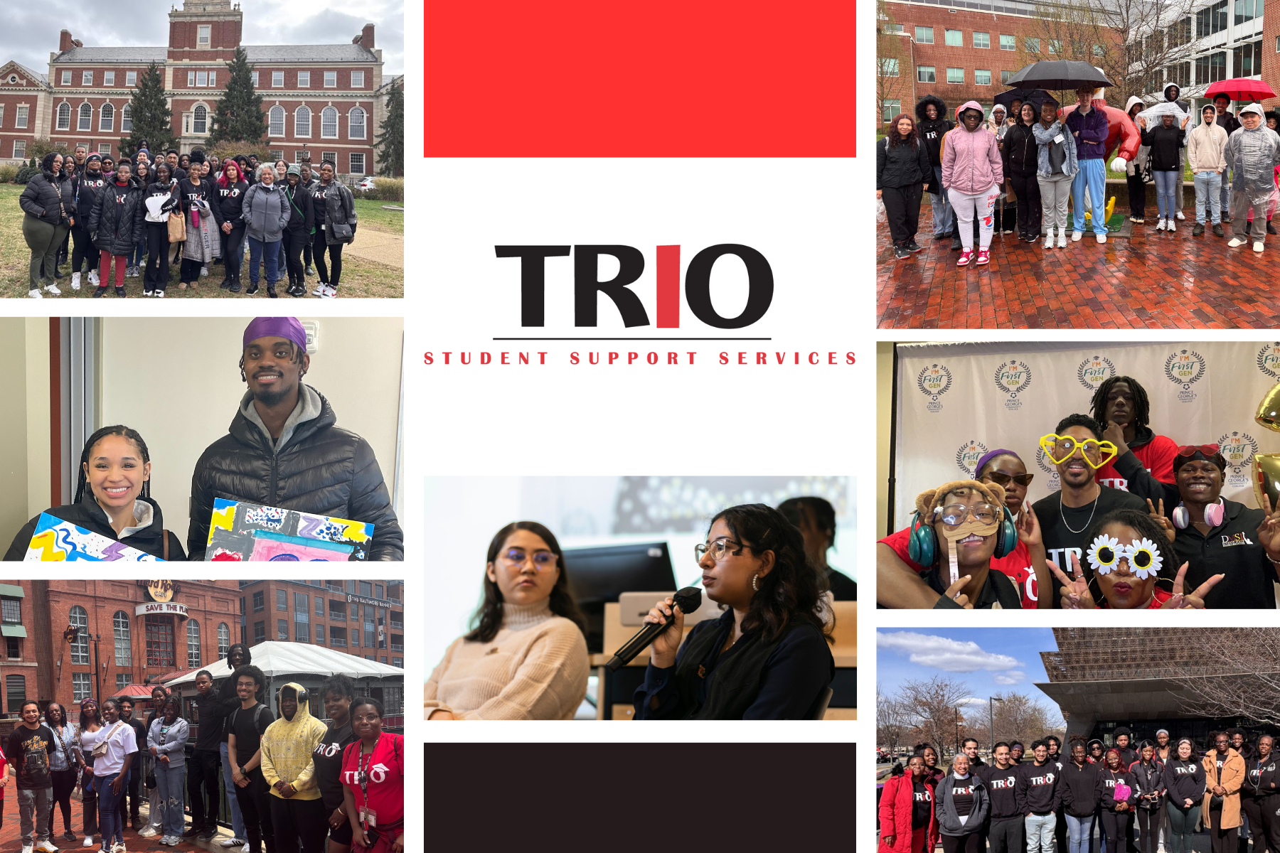 A collage of group photos associated with TRIO Student Support Services, including indoor and outdoor settings, featuring students, activities, and events.