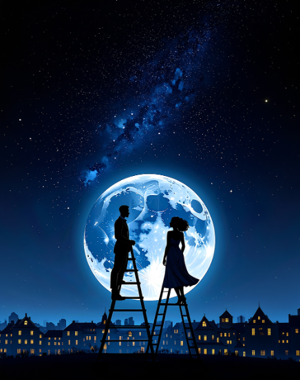 Silhouette of a couple on a ladder with a town Silhouette and full moonthe background