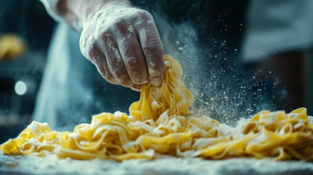 Floured hands making noodles
