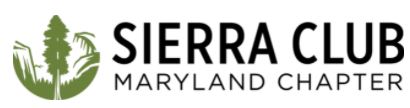 Sierra Club Maryland words and a  green illustration of a tree and mountains